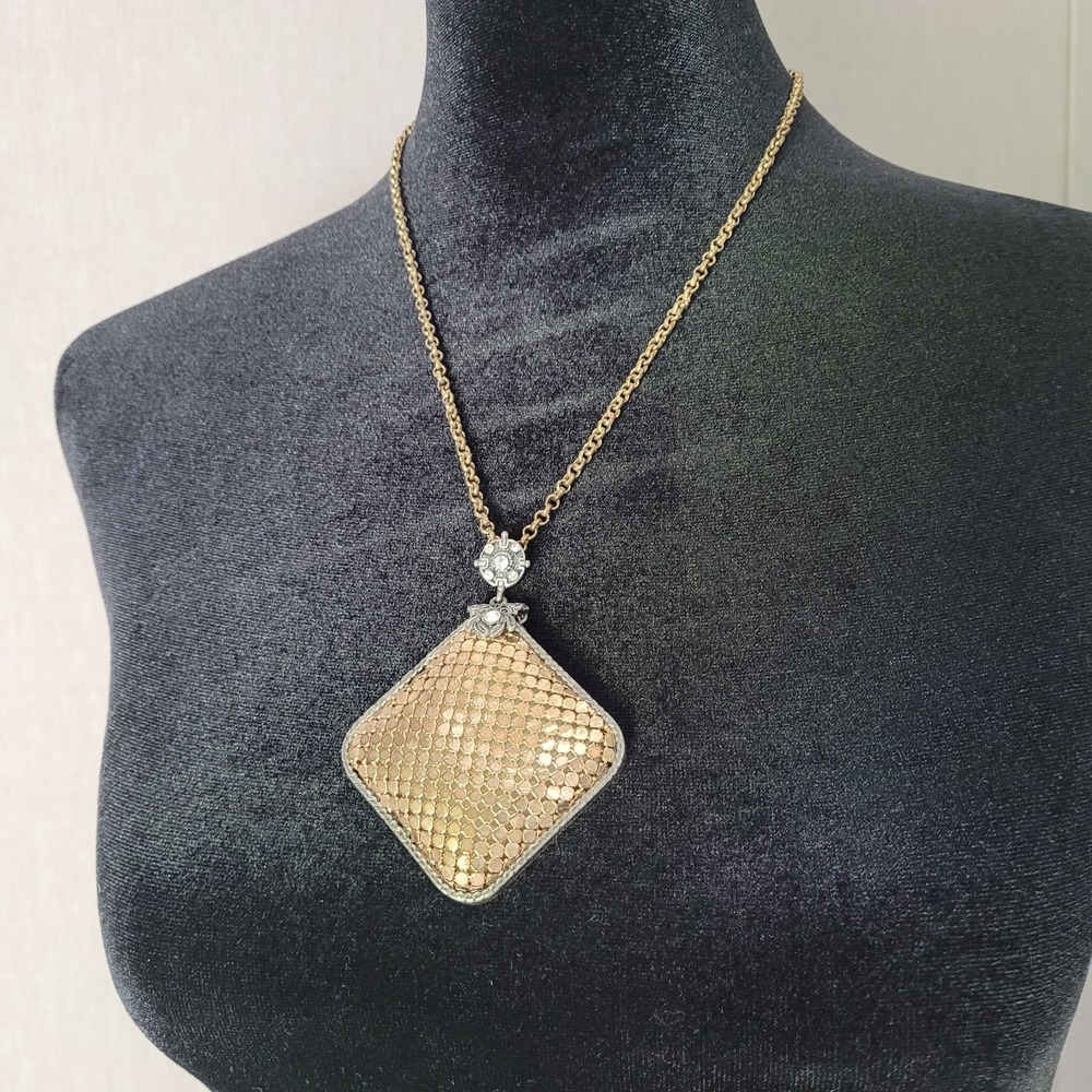 You & I Mixed Metal Pendant Necklace Womens Gold Mesh Rhinestone Vintage 80s 90s